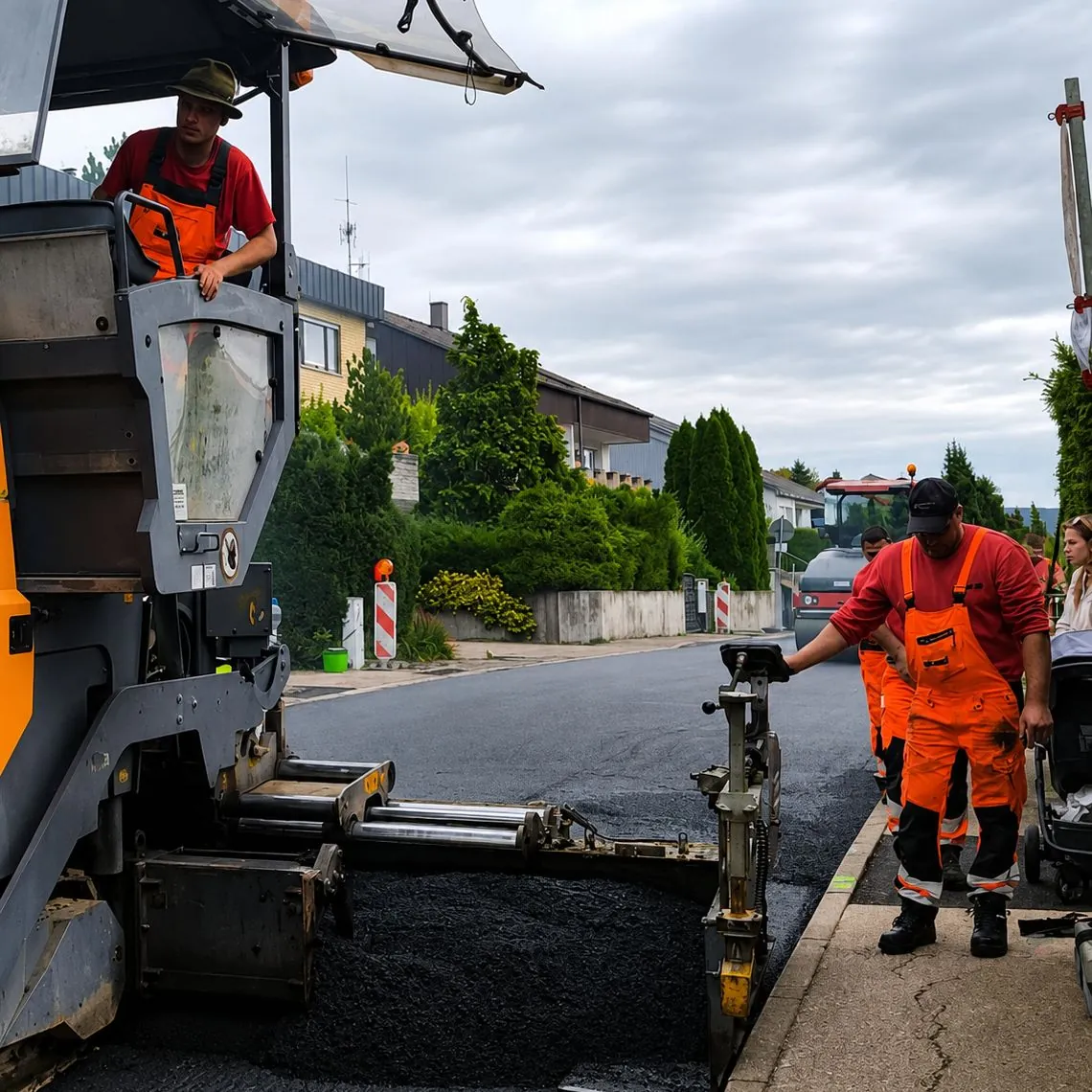Kolonne beim Asphalteinbau mit dem Fertiger in einer Wohnstraße
